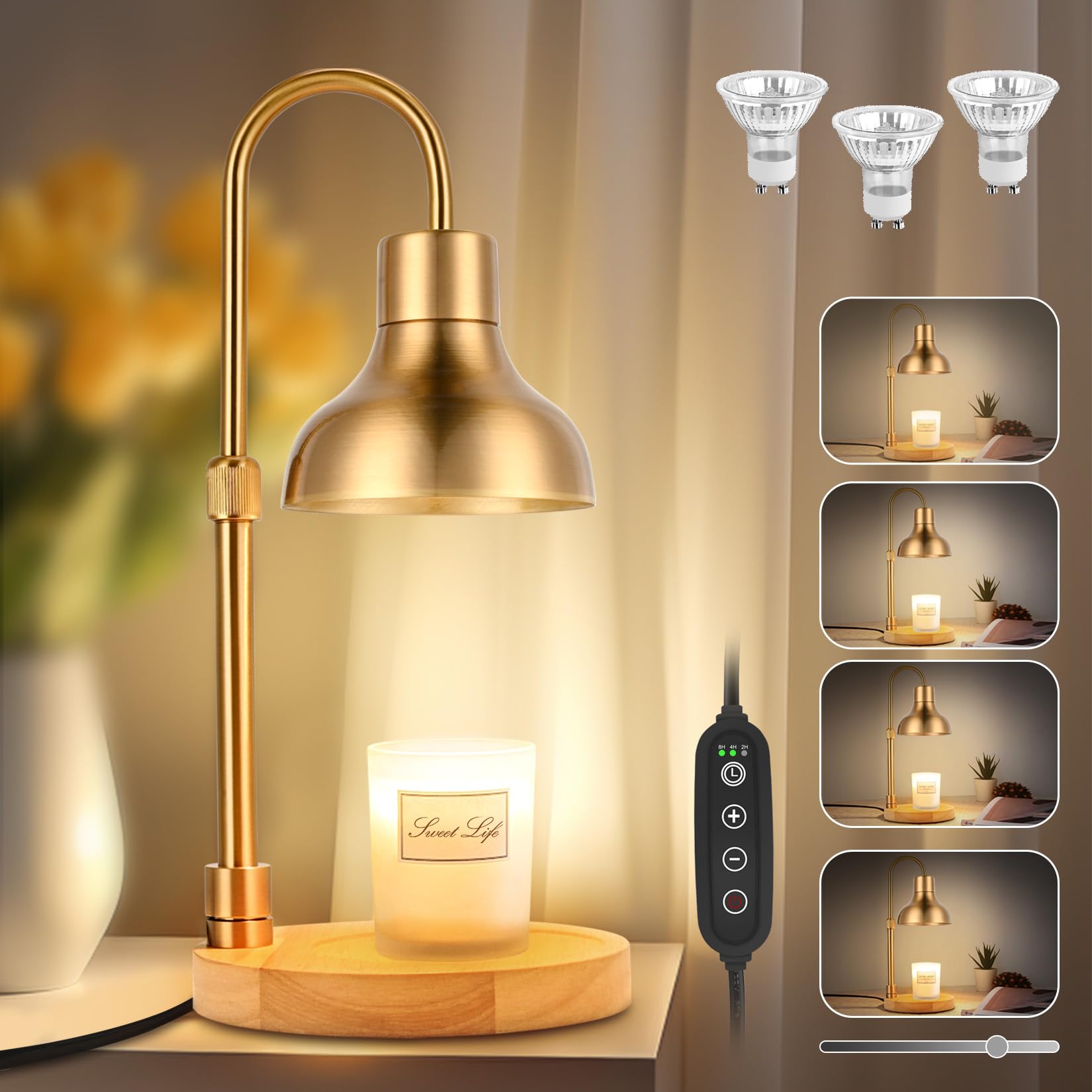 Dimmable Candle Warmer Lamp with Timer - Adjustable Height & Brightness, Includes 3 Bulbs - Electric Wax Melter for Jar Candles - Perfect for Bedroom, Home Decor & Housewarming Gifts (Gold) - Create Cozy Ambiance for Relaxation & Romantic Evenings