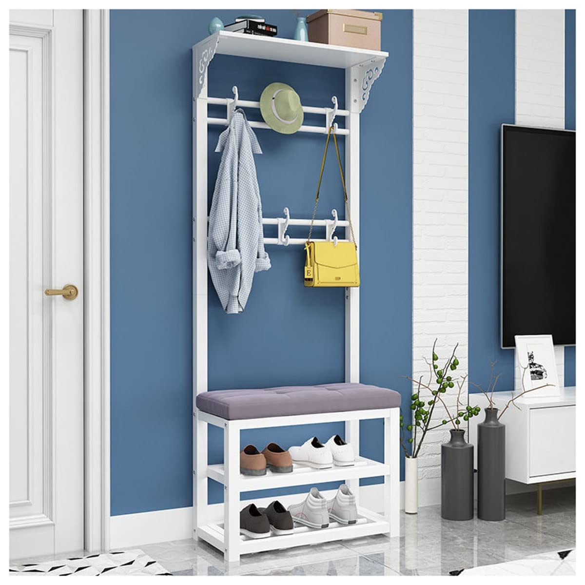 OTBK 3-in-1 Entryway Hall Tree with Coat Rack, Shoe Storage Bench & Storage Cubby - Perfect for Organizing Clothes, Bags, Jackets, Umbrellas & Shoes (60CM, Gray Velvet) - Ideal for Small Spaces, Apartments & Mudroom Organization