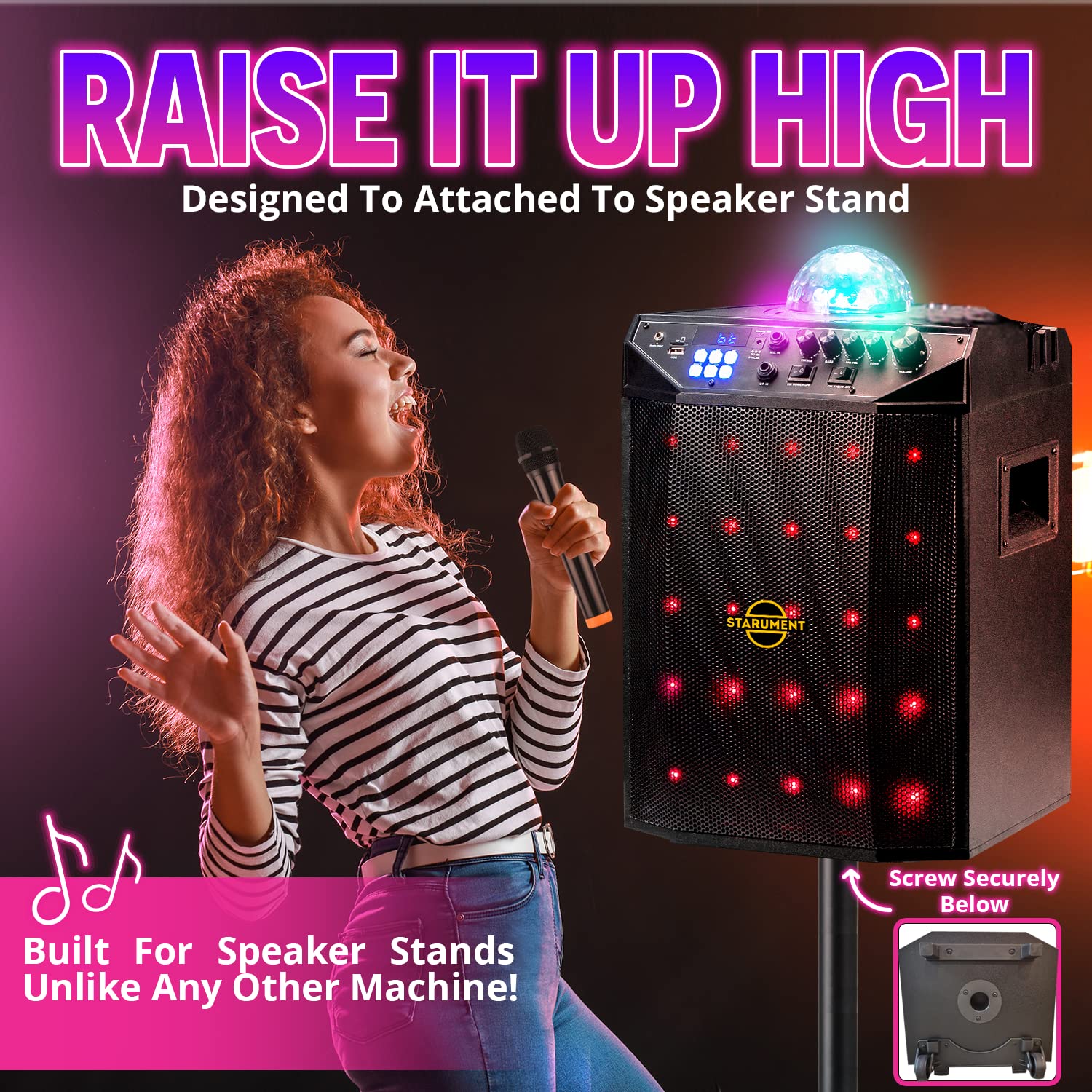 Portable Karaoke Machine with Bluetooth Speakers, 2 Wireless Microphones, Disco Ball & LED Lights - Starument Complete Karaoke System for Adults & Kids - Perfect for Home Parties, Birthday Celebrations & Family Gatherings