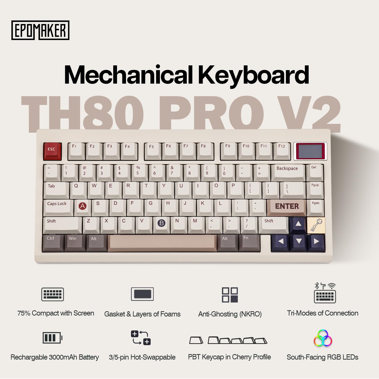 EPOMAKER TH80 PRO V2 Wireless Mechanical Gaming Keyboard with OLED Screen - Bluetooth 5.0/2.4GHz/USB-C Connectivity, Gasket Mount Design, Hot-Swappable Switches, VIA Programmable - Compatible with Windows & Mac (Retro White, Flamingo Switch) - Perfect for Esports, Office Work & Typing Enthusiasts