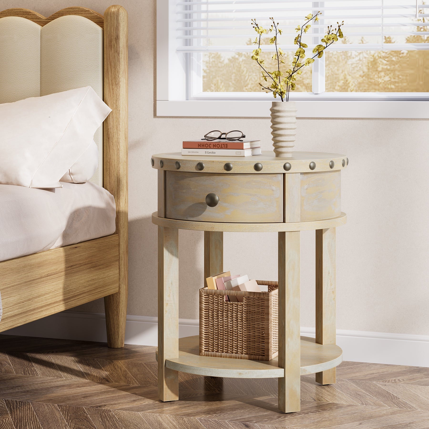 Farmhouse Round Nightstand with Drawer - Solid Wood Bedside Table for Bedroom, Living Room & Guest Room - Rustic Home Decor & Functional Storage Solution