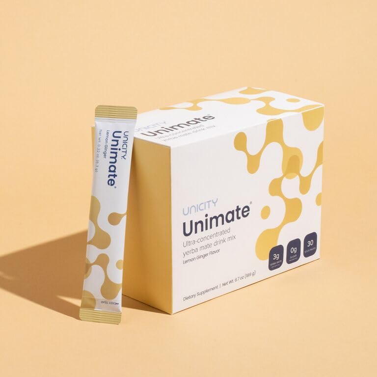 Unicity Unimate Lemon Ginger Yerba Mate Drink Mix - Ultra Concentrated Herbal Supplement (30 Stick Packs) | Healthy Coffee Alternative & Natural Energy Booster | Perfect for Morning Routine, Workout Fuel & Travel