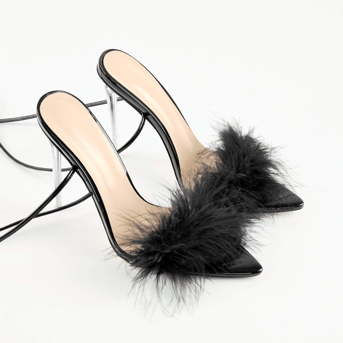Richealnana Women's Fluffy Feather Pointed Toe Clear Heel Sandals - Elegant Party Shoes for Weddings, Prom, and Evening Events