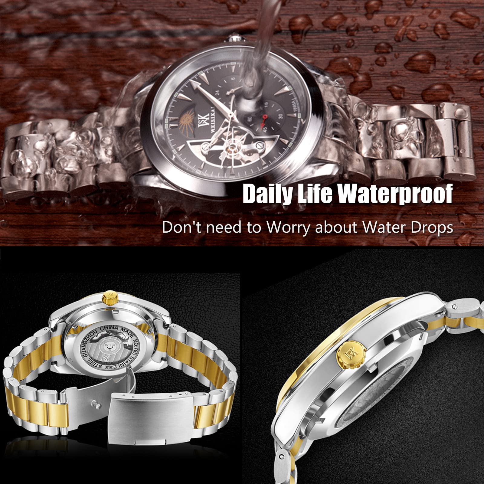 RORIOS Men's Automatic Mechanical Watch with Luminous Hands & Moon Phase - Stainless Steel Strap Dress Watch for Business, Formal Occasions & Everyday Wear
