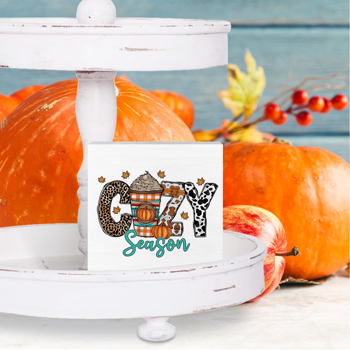 Fall Decor Wooden Box Sign - Rustic Farmhouse Thanksgiving & Autumn Harvest Decor for Desk, Shelf, Table | Cozy Seasonal Home, Office, Kitchen, Bathroom & Cubicle Decoration | Perfect for Pumpkin Season & Leopard Print Accents