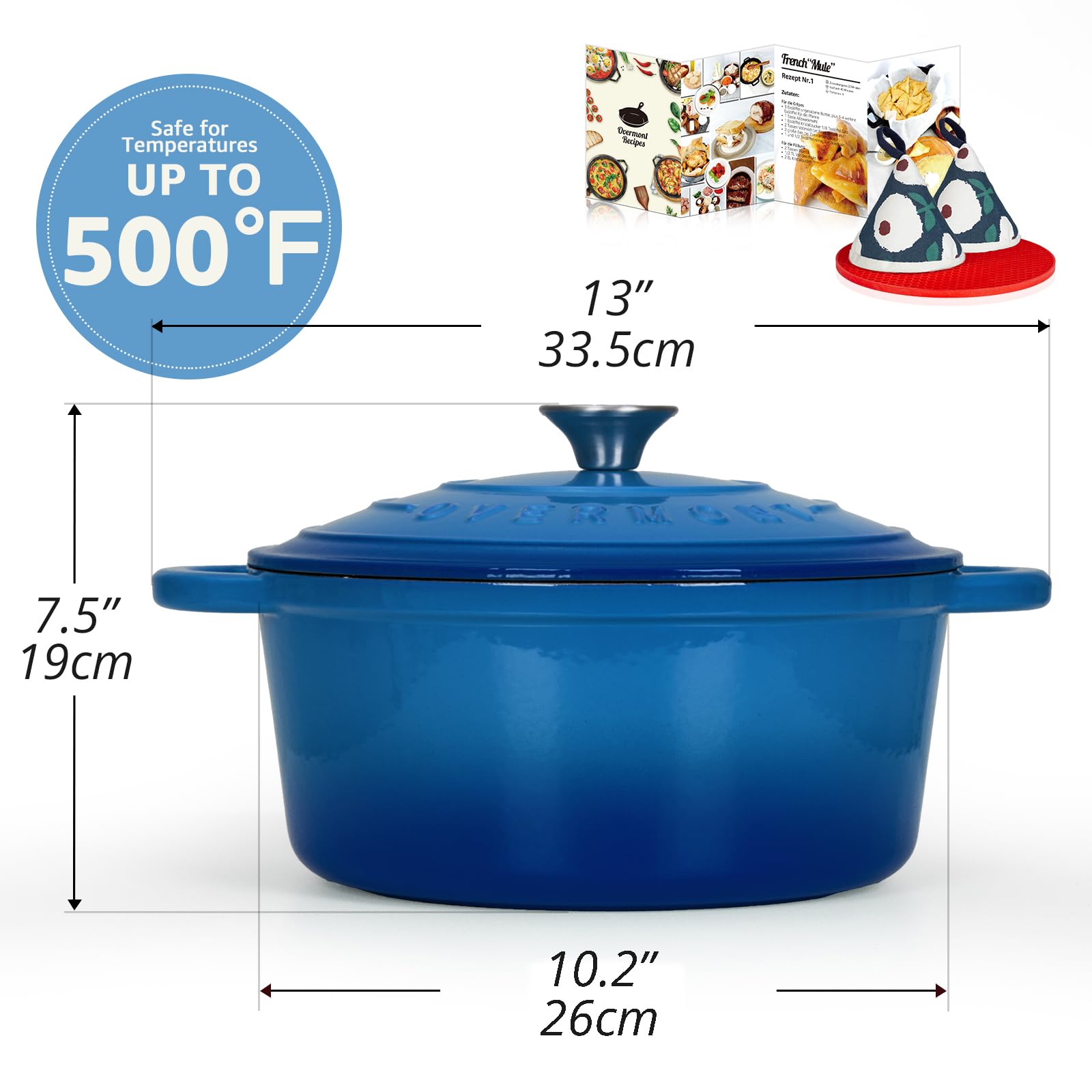 Overmont Enameled Cast Iron Dutch Oven - 5.5 QT Heavy Duty Enamel Pot with Lid & Cookbook - Heat-Resistant Cotton Potholders - Perfect for Braising, Stews, Roasting, Baking Bread & Outdoor Camping Cooking