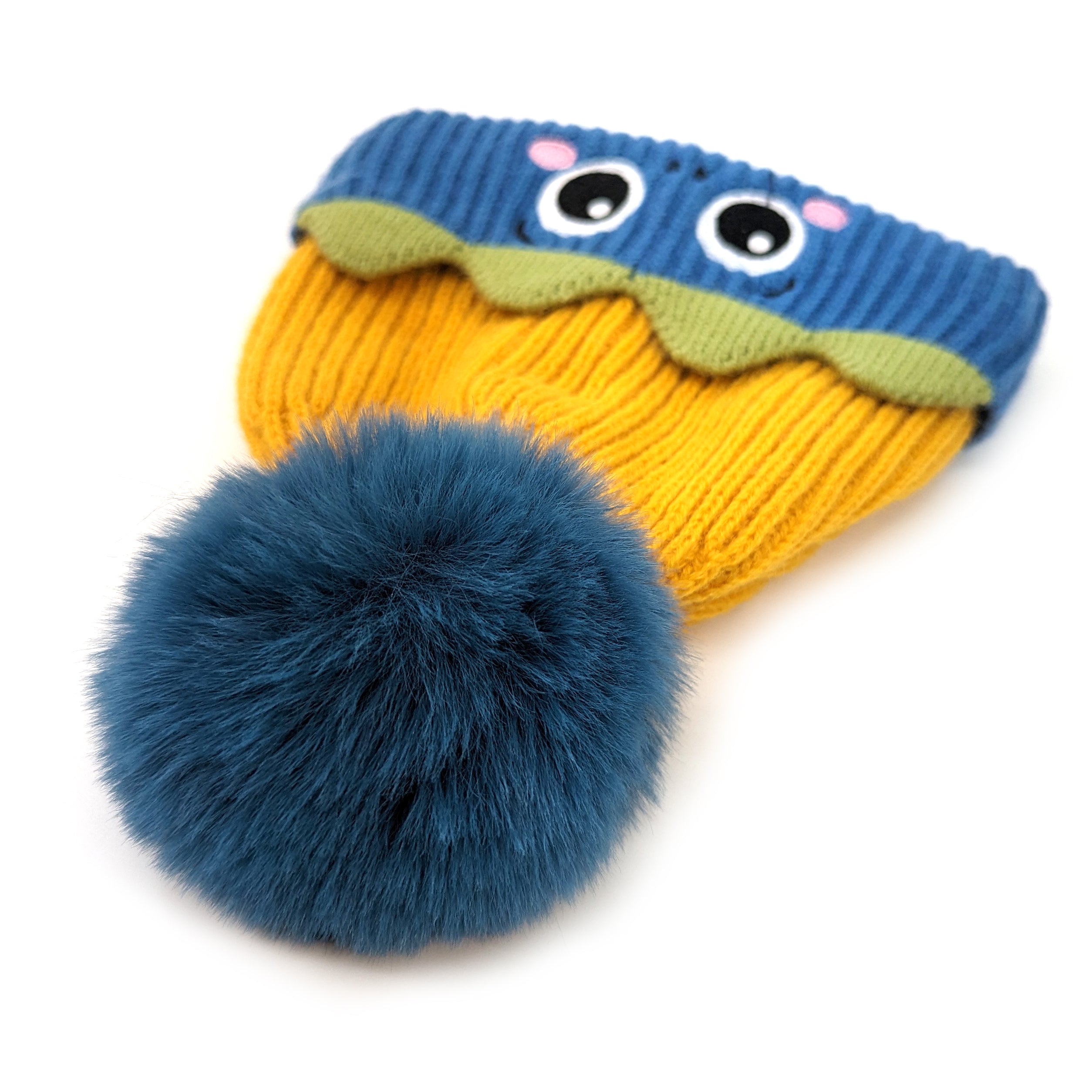 Kids Monster Bobble Hat - Blue & Yellow Winter Beanie for Boys & Girls (Ages 2-8) | Warm Cute Animal Ear Hat for Outdoor Play, Snow Days & Christmas Photos