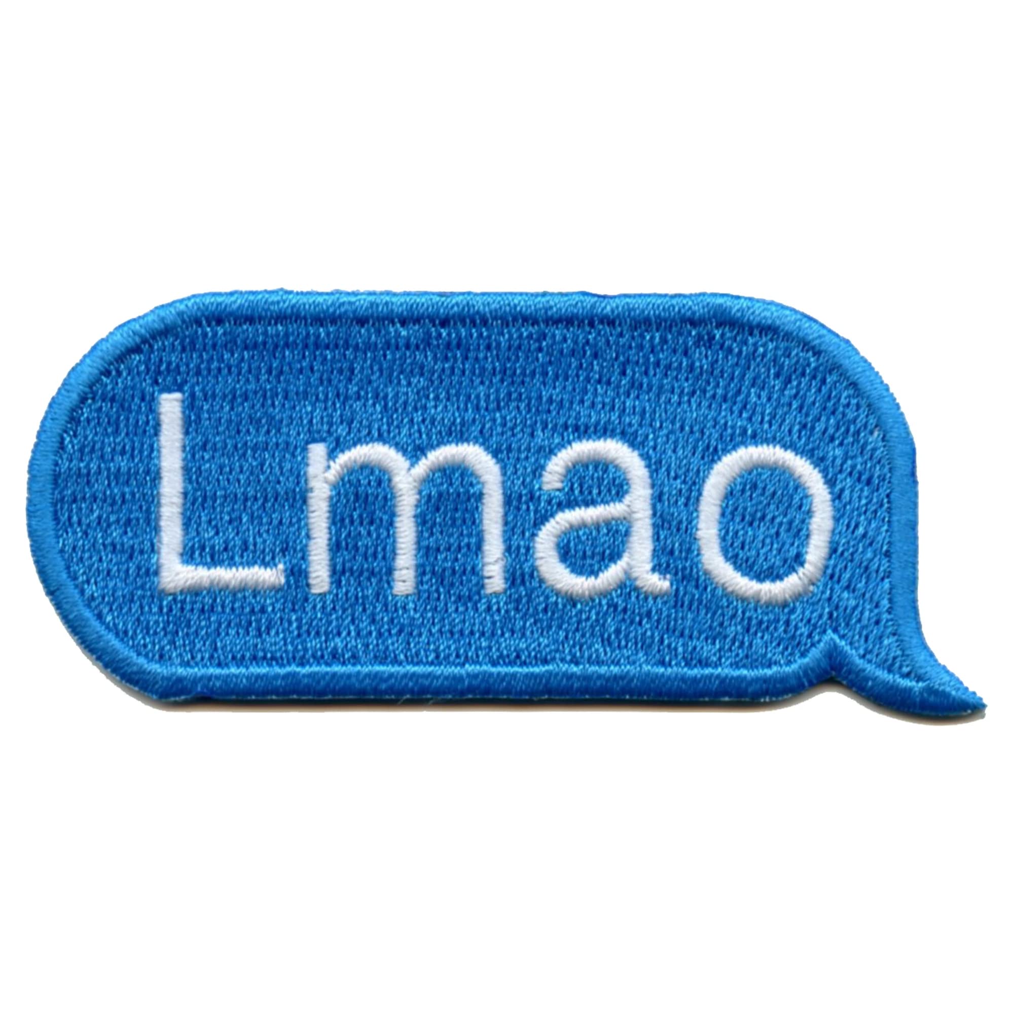 LMAO Blue Text Script Word Bubble Emoji Iron On Embroidered Patch - Funny Emoji Applique for Jackets, Hats & DIY Crafts - Perfect for Costumes, Denim & Backpack Customization