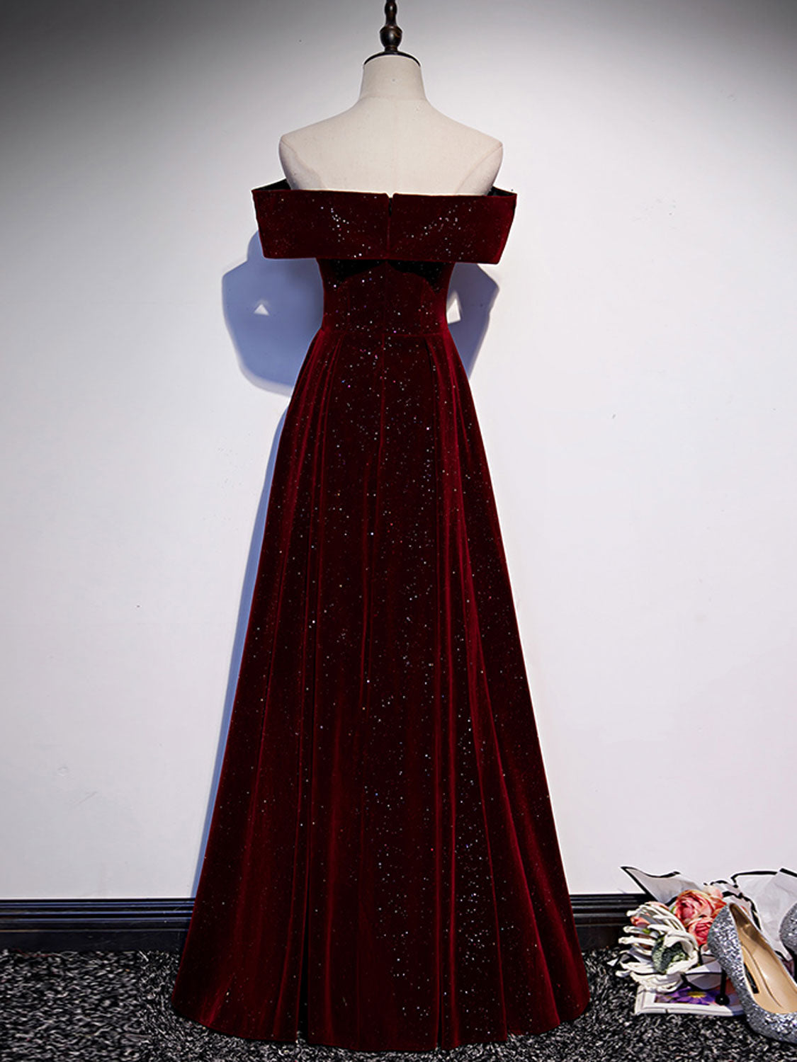 Elegant A-Line Off Shoulder Velvet Burgundy Dress for Women - Perfect for Evening Parties, Date Nights & Special Occasions
