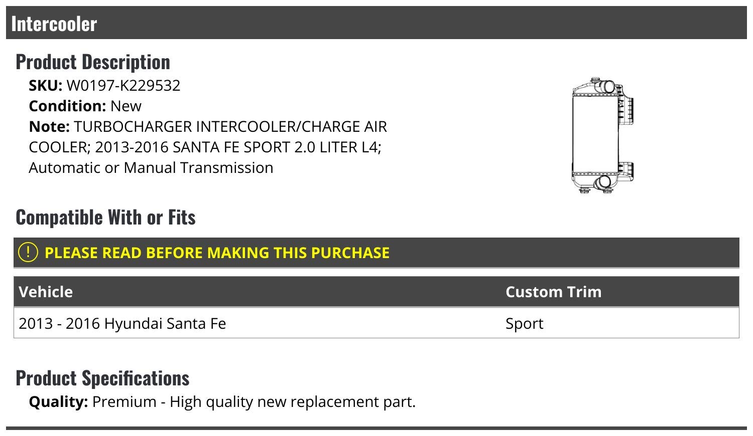 High Performance Turbo Intercooler Air Cooler for 2013-2016 Hyundai Santa Fe 2.0L - Enhanced Engine Cooling & Boost Efficiency - Perfect for Off-Roading & Towing