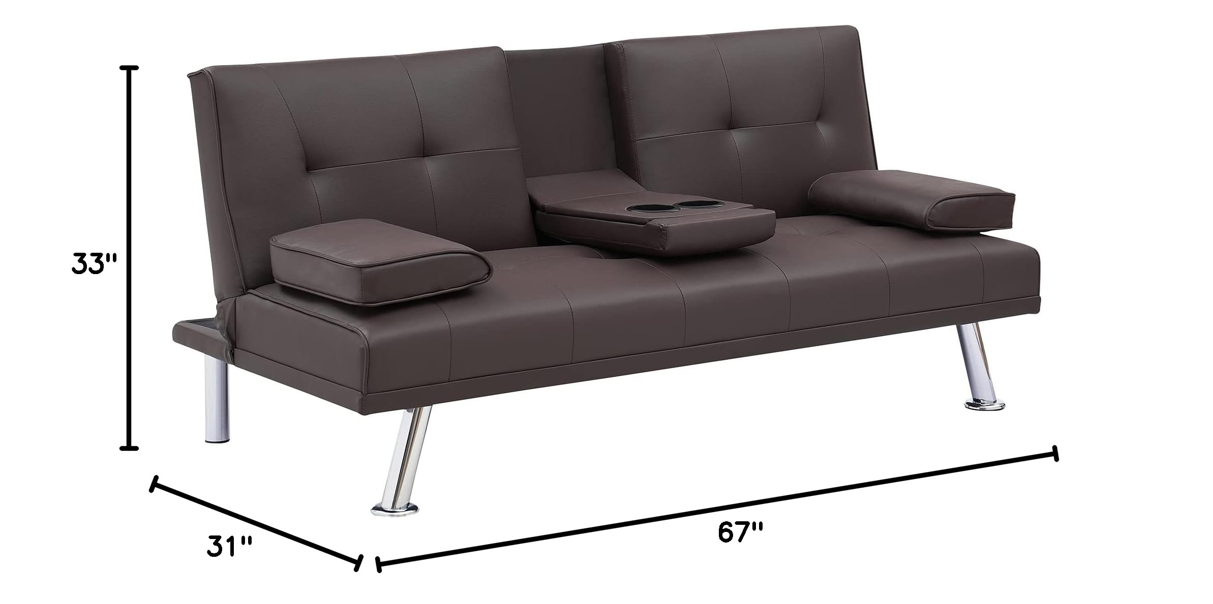 Modern Faux Leather Convertible Futon Sofa Bed - Foldable Sleeper Couch with Cup Holder for Small Spaces, Living Room, Apartment & Dorm - Bonus Room Furniture (Brown, 67