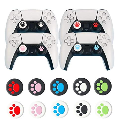 10PCS Analog Stick Grips for PS5, PS4, PS3, Xbox One, Xbox 360, Switch Pro & Wii U Controllers - Thumb Stick Caps with Non-Slip Design (5 Colors, Paw Shape) - Improve Gaming Comfort & Grip for Long Sessions