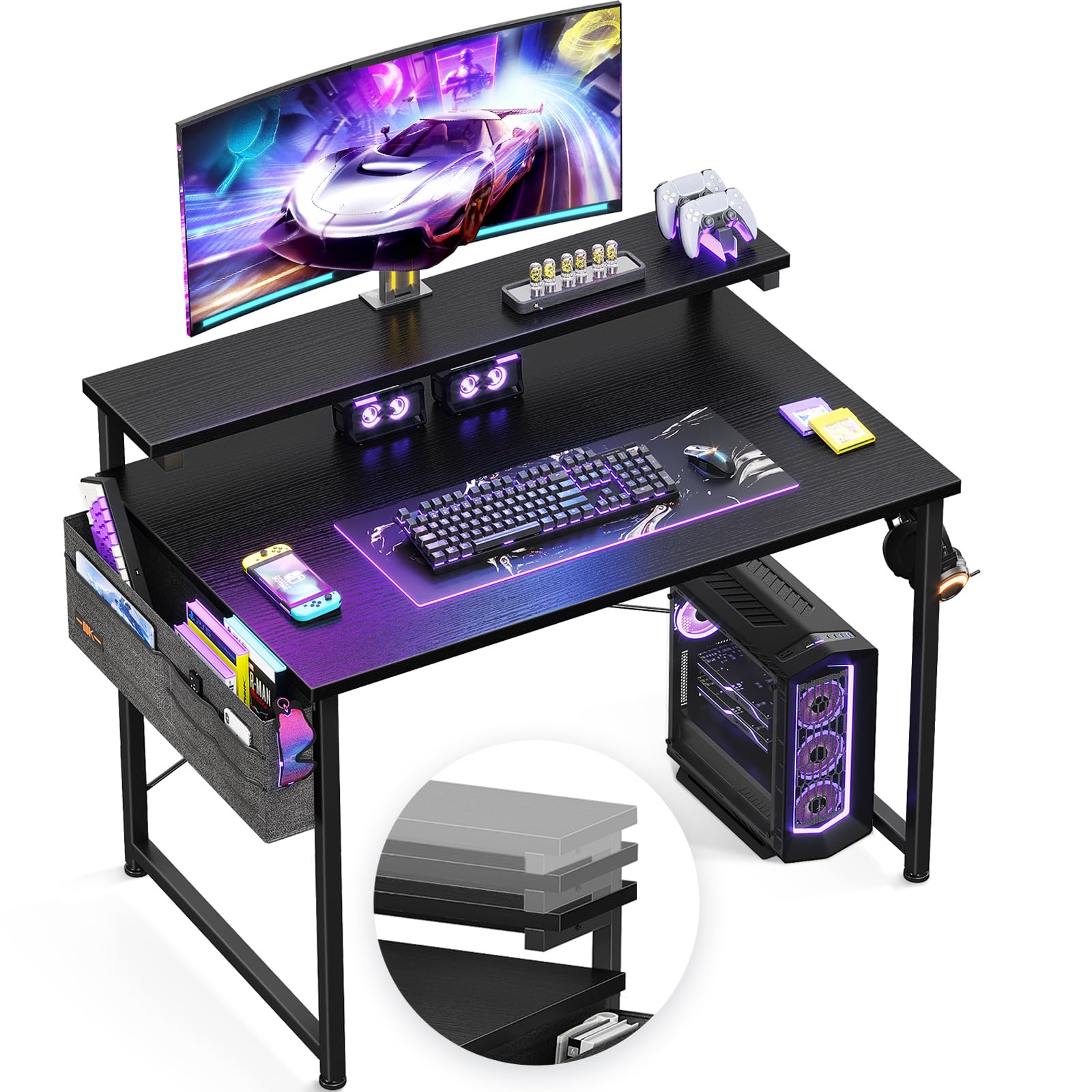 ODK 40 Inch Adjustable Height Computer Desk with Monitor Stand - Ergonomic Home Office Desk for Study, Writing & Workstation - 3 Height Settings (10cm, 13cm, 16cm) - Perfect for Small Spaces & Remote Work - Black