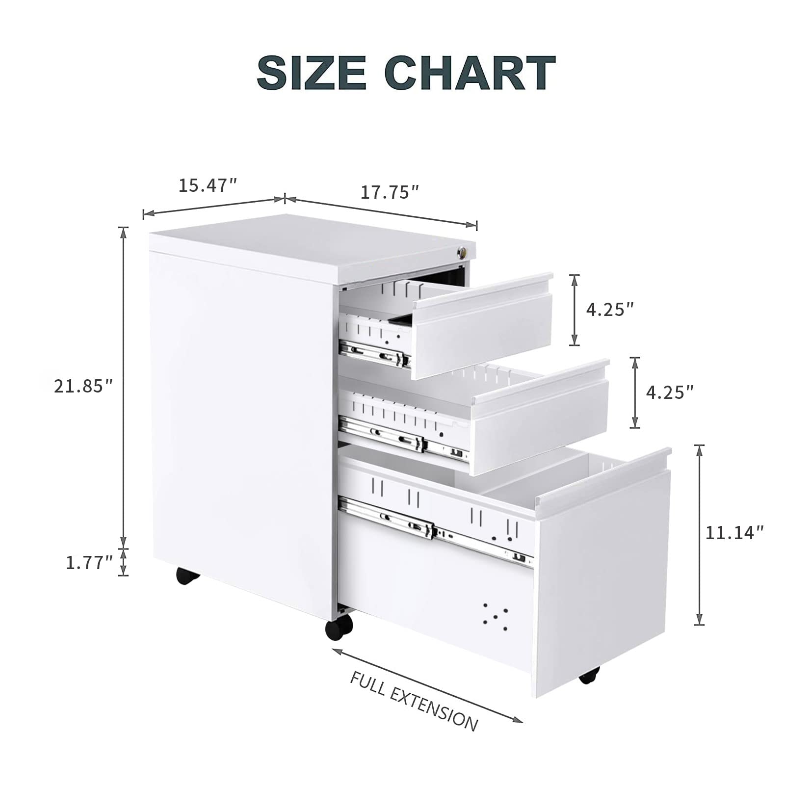 3-Drawer Rolling File Cabinet with Lock - Under Desk Mobile Storage Organizer - White Metal Filing Cabinet with Wheels for Legal/Letter Size Documents - Perfect for Home Office, Classroom & Small Business Organization