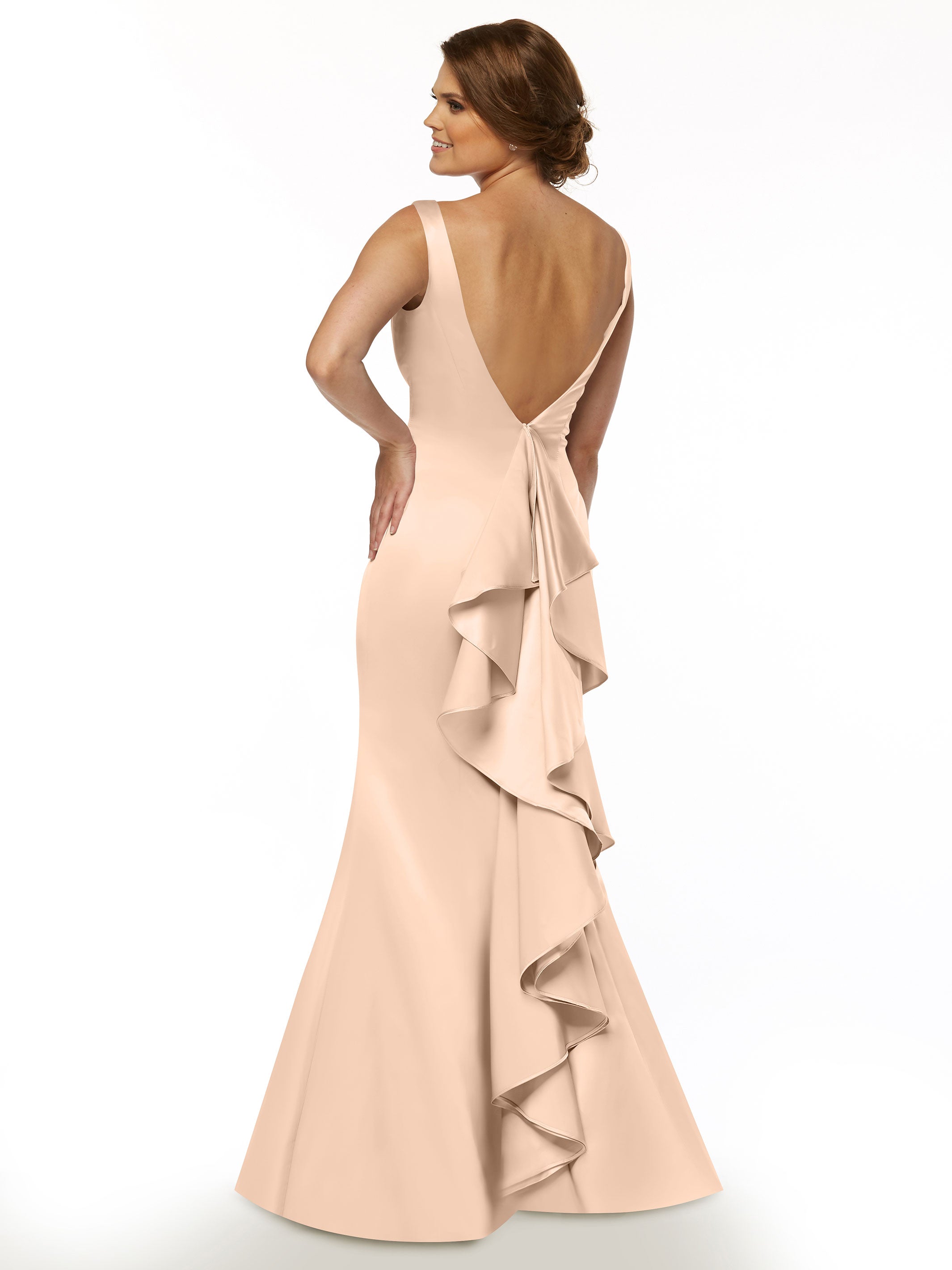 Elegant 80078 Fit and Flare Satin Bridesmaid Dress with V-Neckline & Ruffled Back - Perfect for Weddings, Prom, and Formal Events