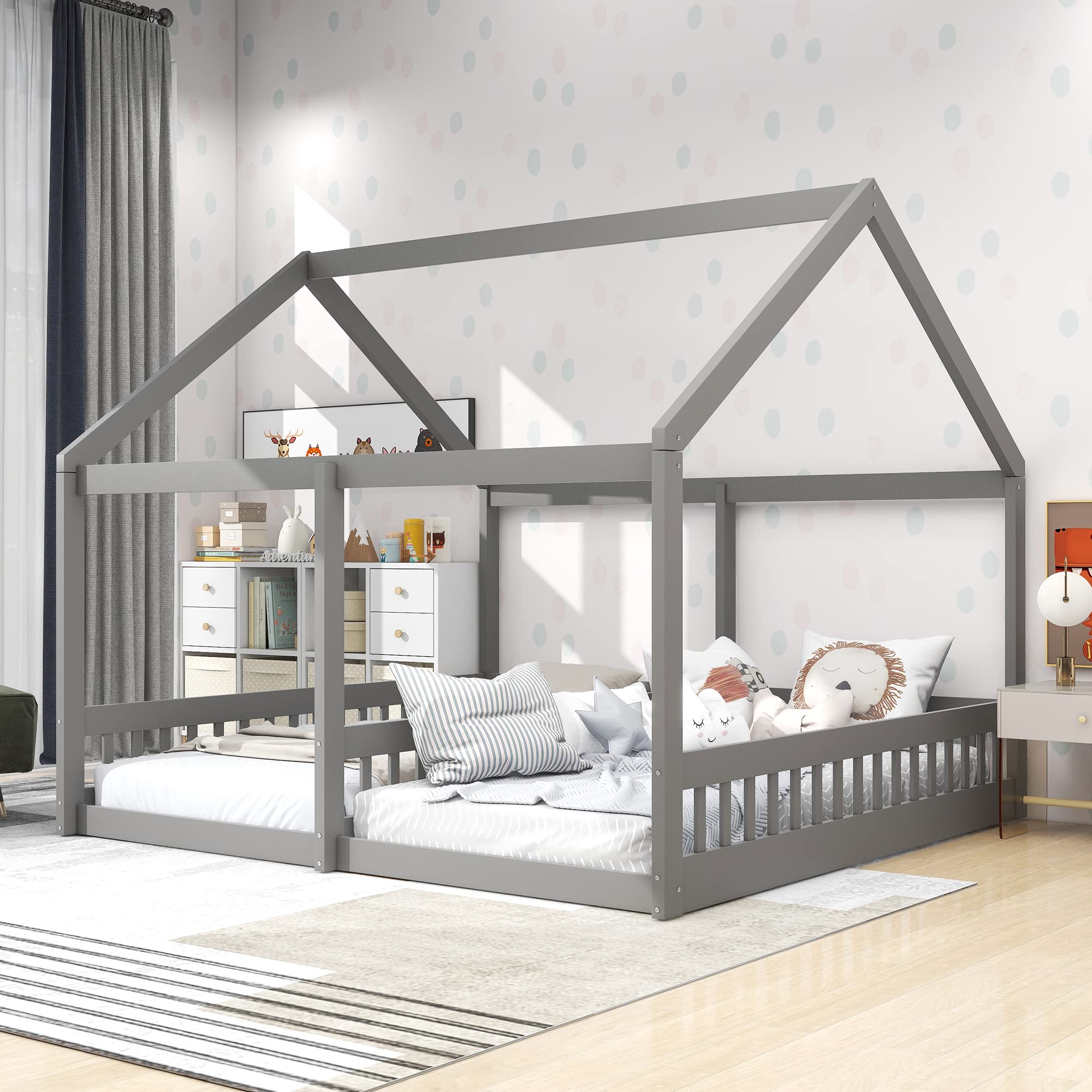 KLMM Twin Size House Platform Beds with Safety Rails - Shared Kids Beds for Boys, Girls, Toddlers & Teens - No Box Spring Needed - Gray Wooden Frame - Perfect for Siblings Room, Daycare or Sleepovers