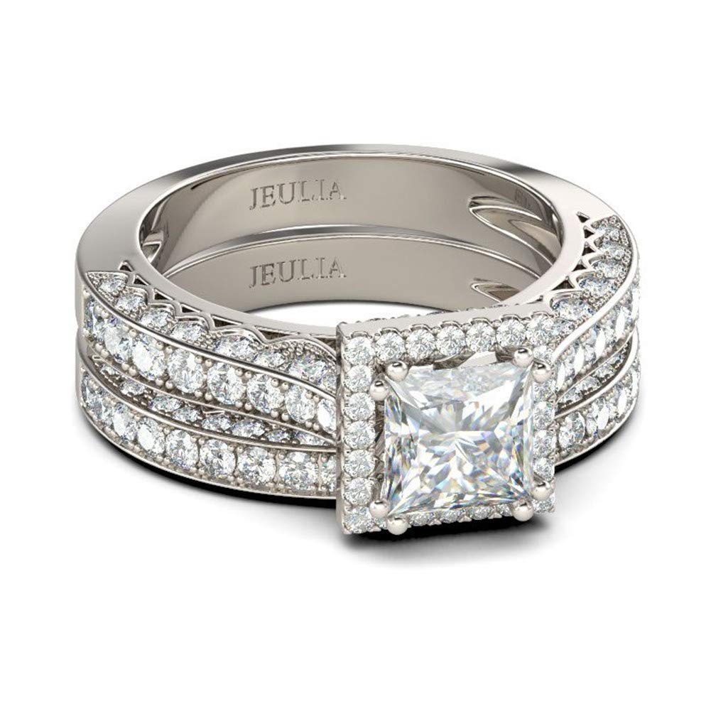 Jeulia Princess Cut Sterling Silver Halo Diamond Engagement Ring for Women - Cubic Zirconia CZ Bridal Wedding Ring Set with Jewelry Gift Box - Perfect for Proposals, Anniversaries & Special Occasions
