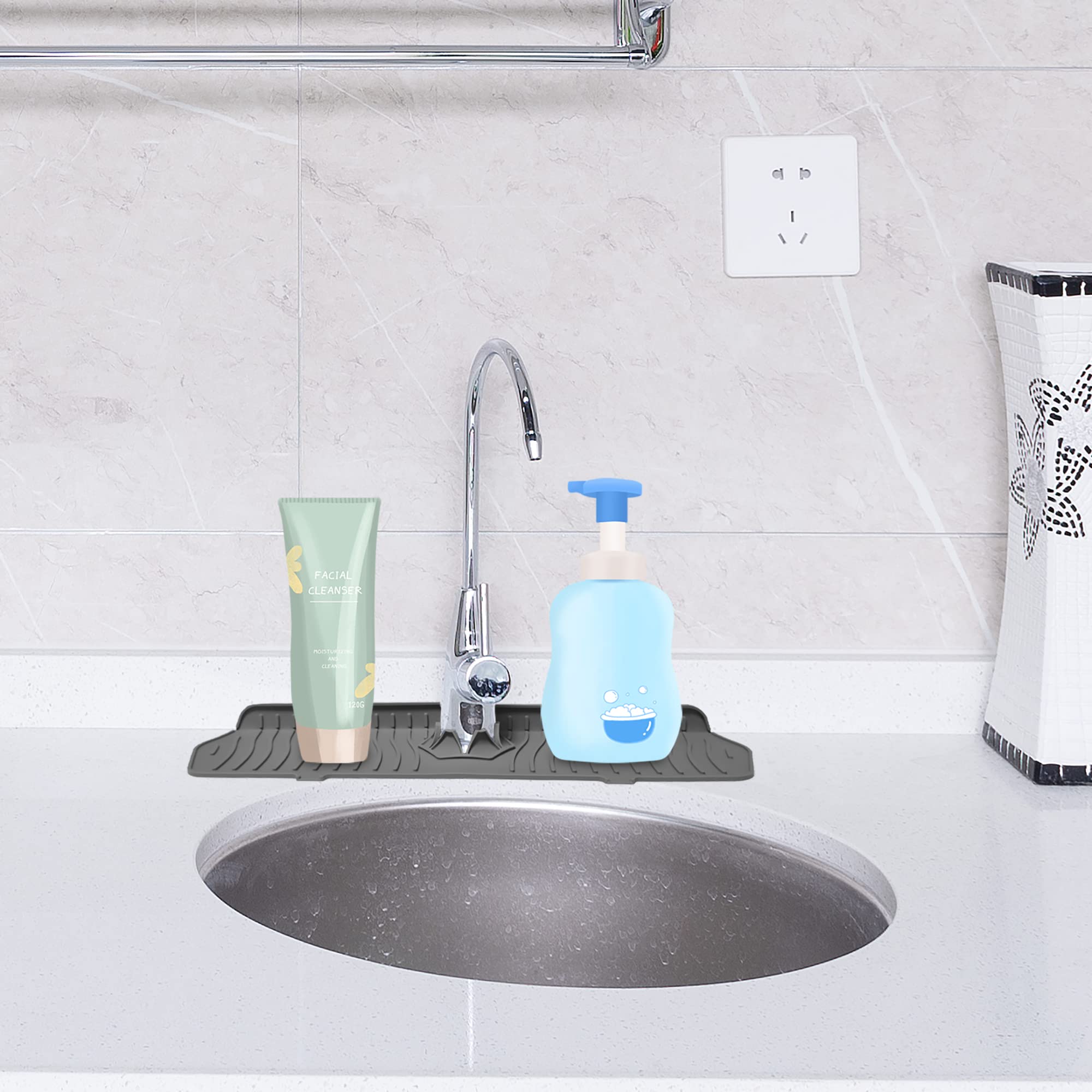 Premium Silicone Sink Splash Guard Set - 3-Piece Kitchen Sink Organizer with Faucet Drip Catcher, Soap Sponge Holder & Non-Slip Mat - Modern Grey Countertop Accessories for Dry, Clean Kitchen (Ideal for Washing Dishes, Food Prep & Keeping Counters Tidy)