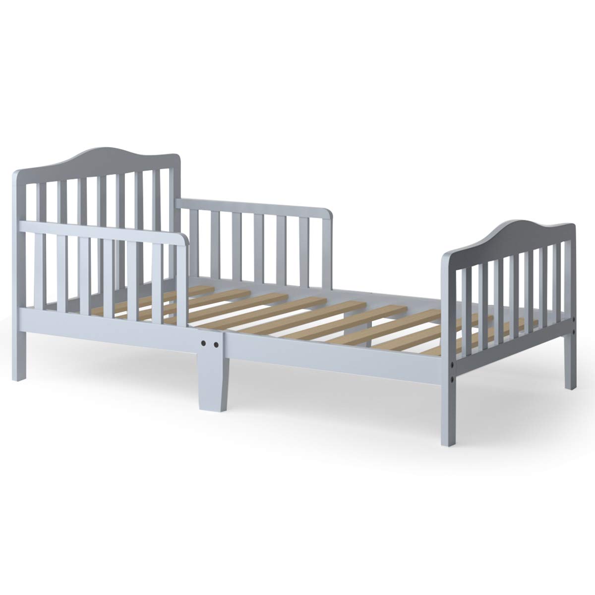 HONEY JOY Solid Rubber Wood Toddler Bed Frame with Safety Guardrail - Fits Full Size Crib Mattress (Not Included) | Classic Kids Bedroom Furniture for Boys & Girls | Perfect for Nursery, Daycare or Children's Bedroom (Gray)
