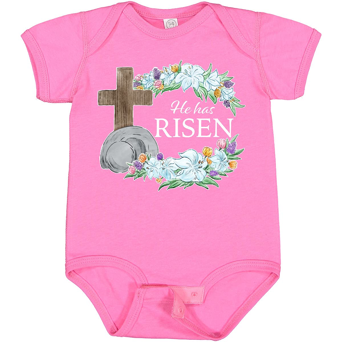 Inktastic Easter 'He Has Risen' Baby Bodysuit with Cross & Floral Design - Perfect for Easter Sunday, Baptism & Christening Celebrations