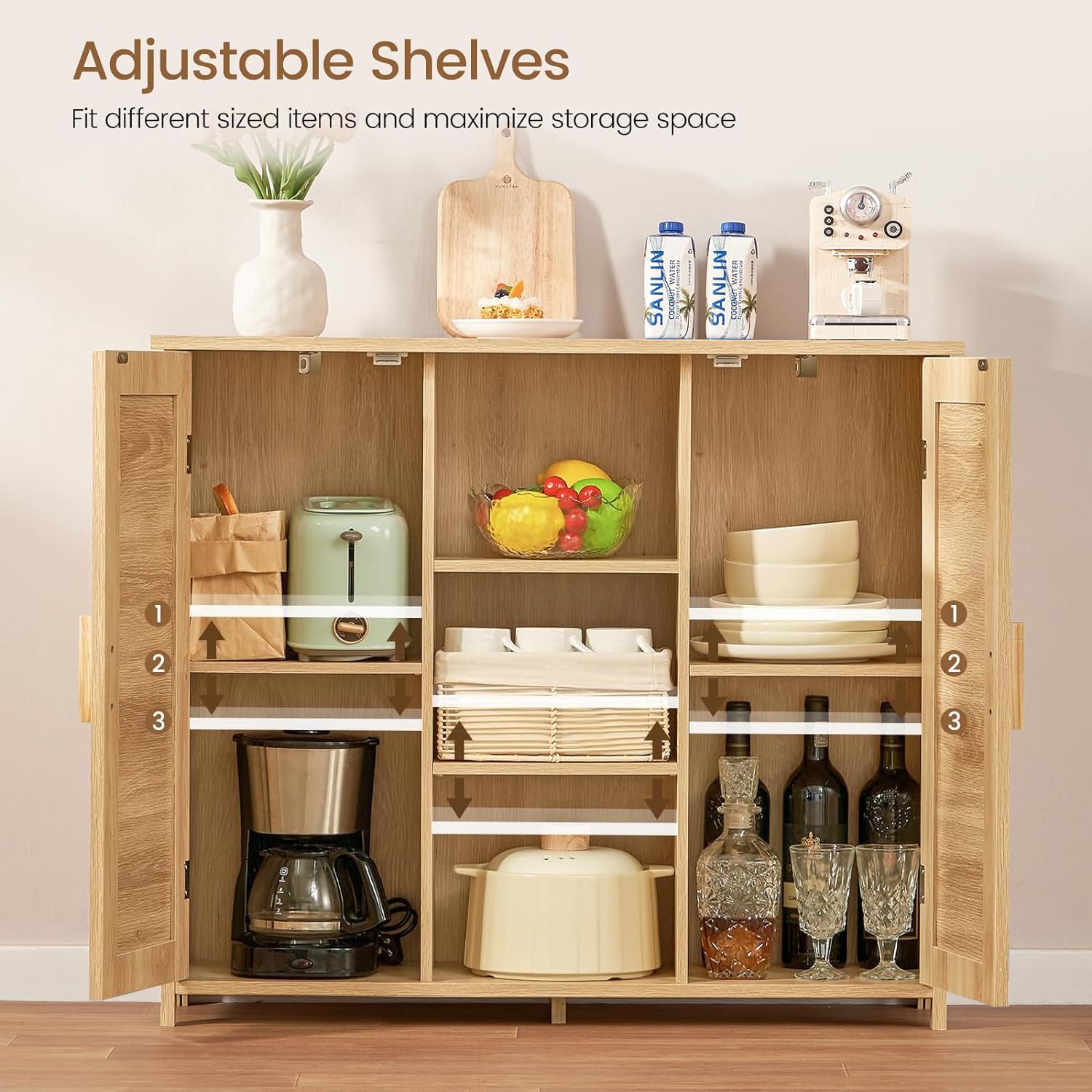 Iwell Rattan Storage Cabinet with 4 Adjustable Shelves - Coffee Bar Cabinet, Sideboard Buffet for Kitchen, Living Room & Entryway - Natural Woven Organizer for Home Decor & Storage Solutions