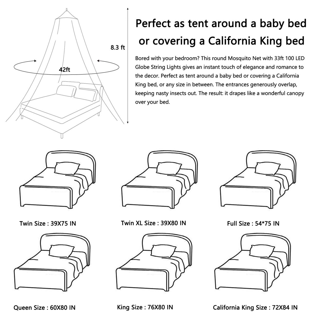 Elegant Bed Canopy with LED Lights & Mosquito Net - Full/Queen/Twin Size Ceiling-Hanging Princess Canopy Tent for Girls' Bedroom Decor | Perfect for Romantic Nights, Kids' Sleep Protection & Boho Room Aesthetics