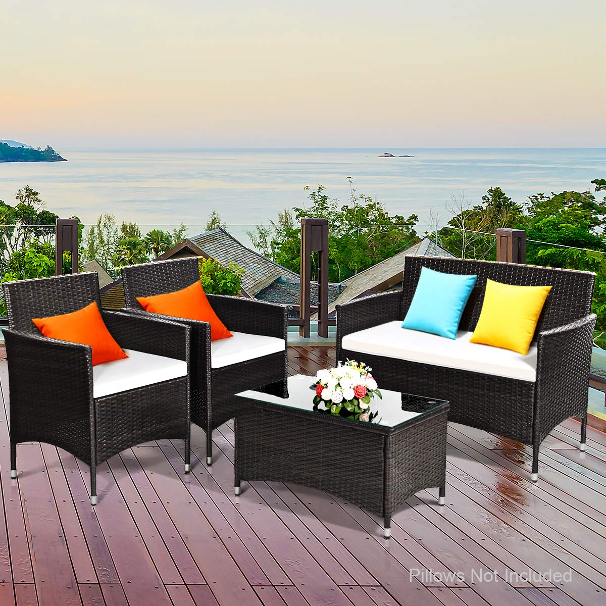 Tangkula 4-Piece Rattan Patio Furniture Set with Cushions - Outdoor Wicker Sofa & Tempered Glass Coffee Table Set for Garden, Balcony, Backyard - Indoor/Outdoor Use - Brown