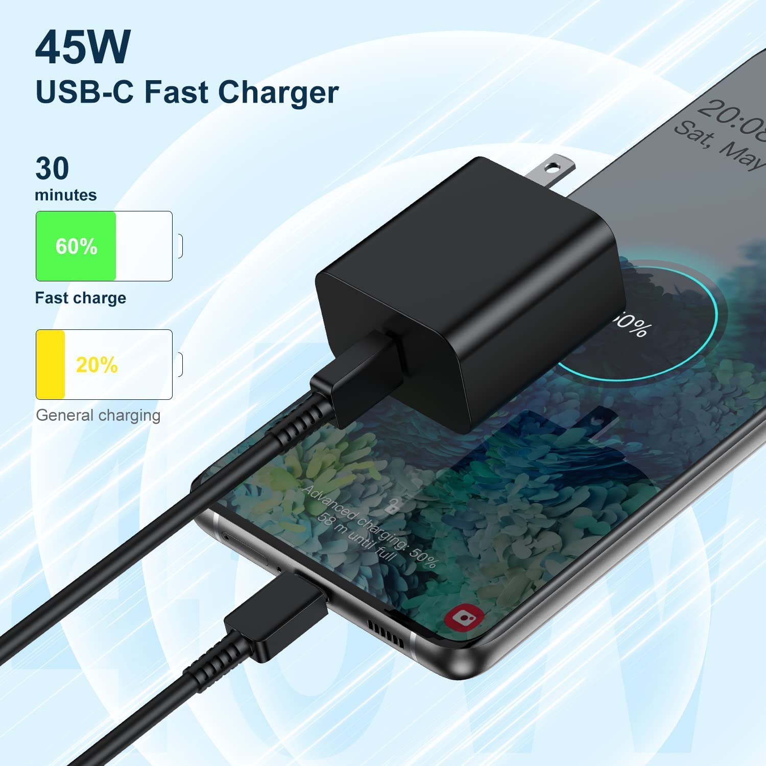 2-Pack 45W Samsung Super Fast Charging Kit - USB C Wall Charger & 10ft Long Type C Cable - Compatible with Galaxy S24 Ultra/S24+/S23/S23+/S22+/S22 Plus/S21/S20/Note 20/Note10+ - Fast Charging for Home, Office & Travel