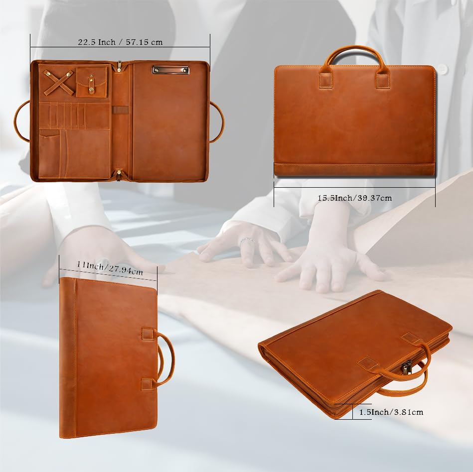 Premium Genuine Leather Portfolio Organizer with Handle & Zipper - Personalized Padfolio for Men & Women - Fits 15-inch Laptop & Legal Pad (Brown) - Ideal for Business Meetings, Office Work & Professional Presentations
