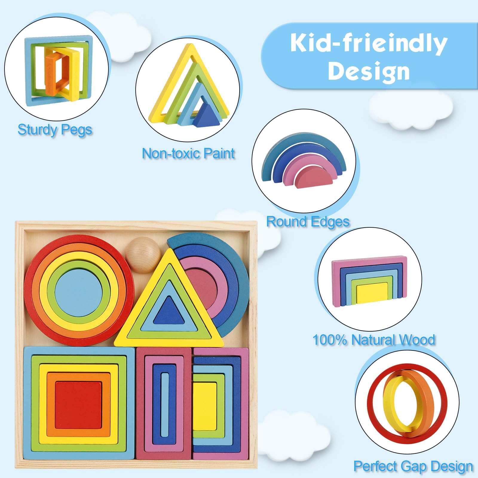 IKUKUER Wooden Rainbow Stacking Puzzle - Montessori Sensory Toys for Toddlers, Educational Building Blocks for Preschool Learning & Early Childhood Development - Perfect for Playtime, Classroom & Homeschool Activities