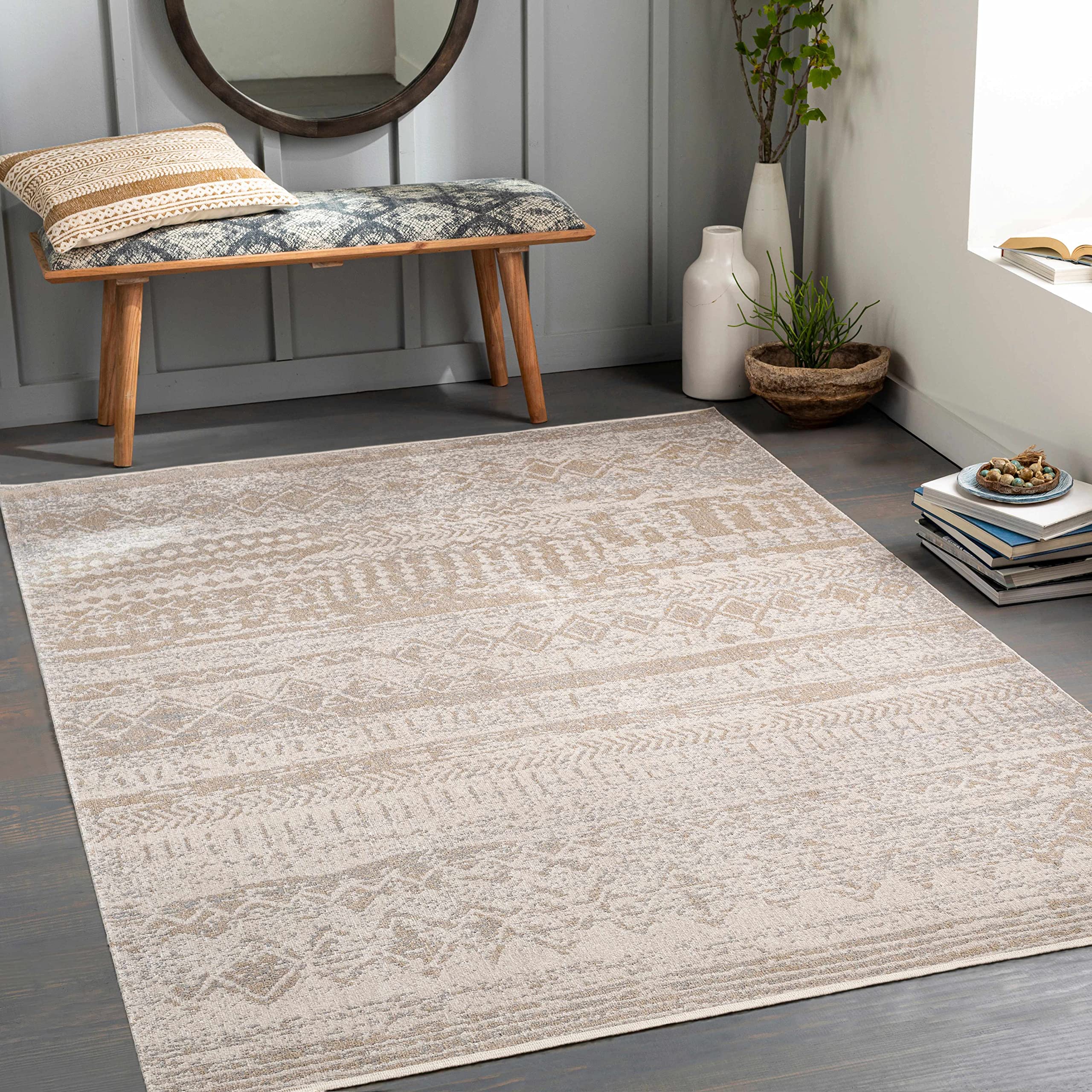 Hauteloom Tupsan Machine Washable Area Rug for Living Room & Bedroom - Soft Beige & Gray Modern Design - 5'3