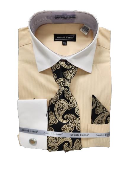 AVANTI UOMO Men's Micro Stripe Dress Shirt with White Collar & Cuffs DN129M Butter Color - Perfect for Business Meetings, Formal Events & Office Wear