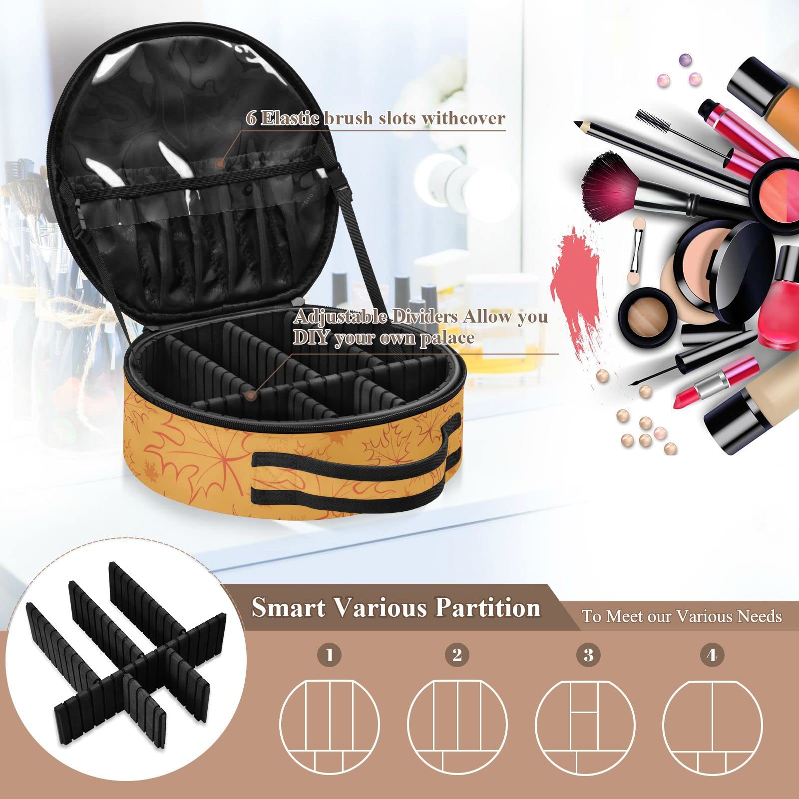 Linqin Travel Makeup Organizer Bag for Women - Portable Cosmetic Case with Adjustable Dividers, Toiletry & Jewelry Organizer, Skincare Pouch for Brushes & Cosmetics (Maple Leaf Design) - Perfect for Travel, Home Storage & Daily Use