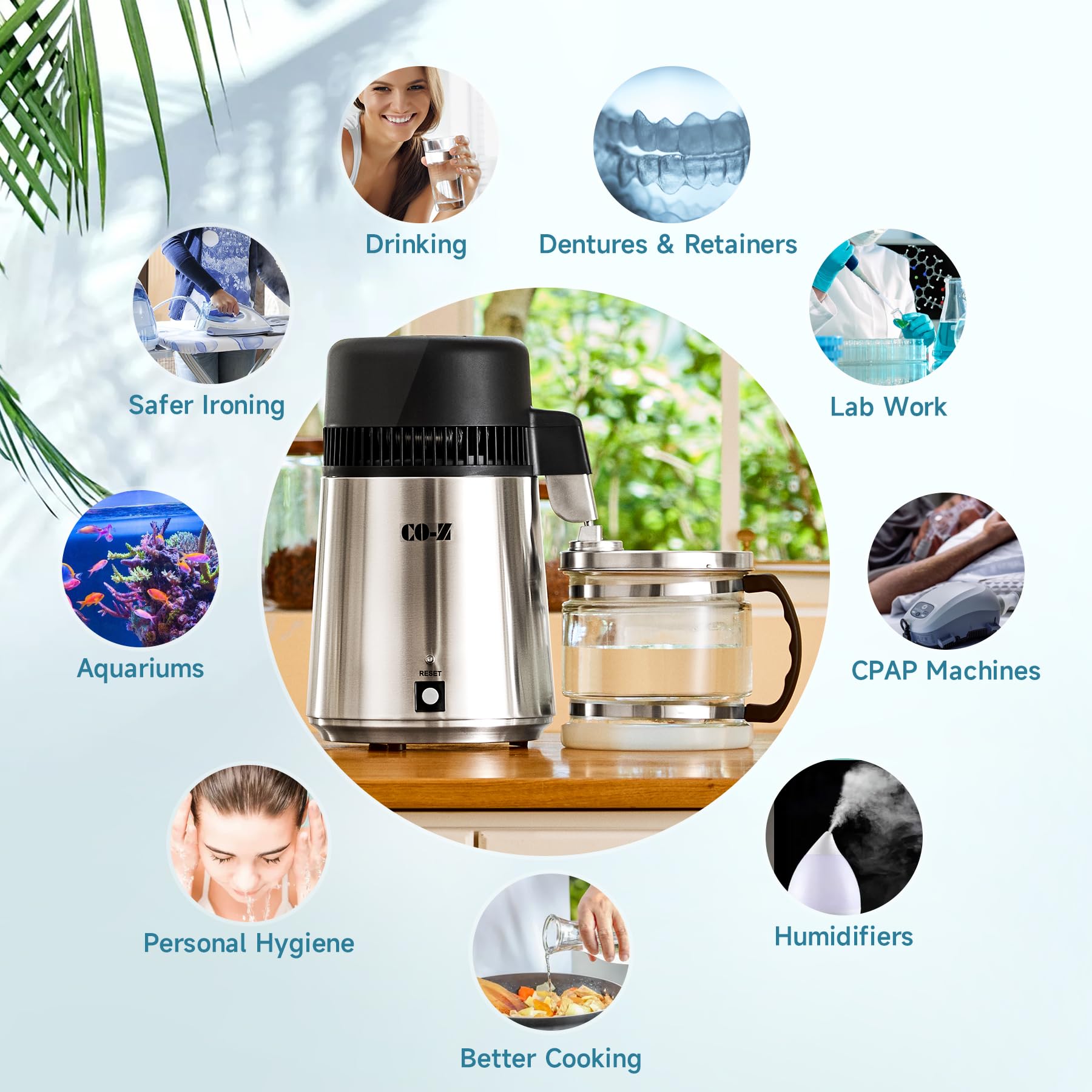 CO-Z 4L Brushed Stainless Steel Water Distiller Machine | Home Distilled Water Maker with Glass Pot | Water Purification System for Clean Drinking Water | Perfect for Home, Office, and Emergency Preparedness