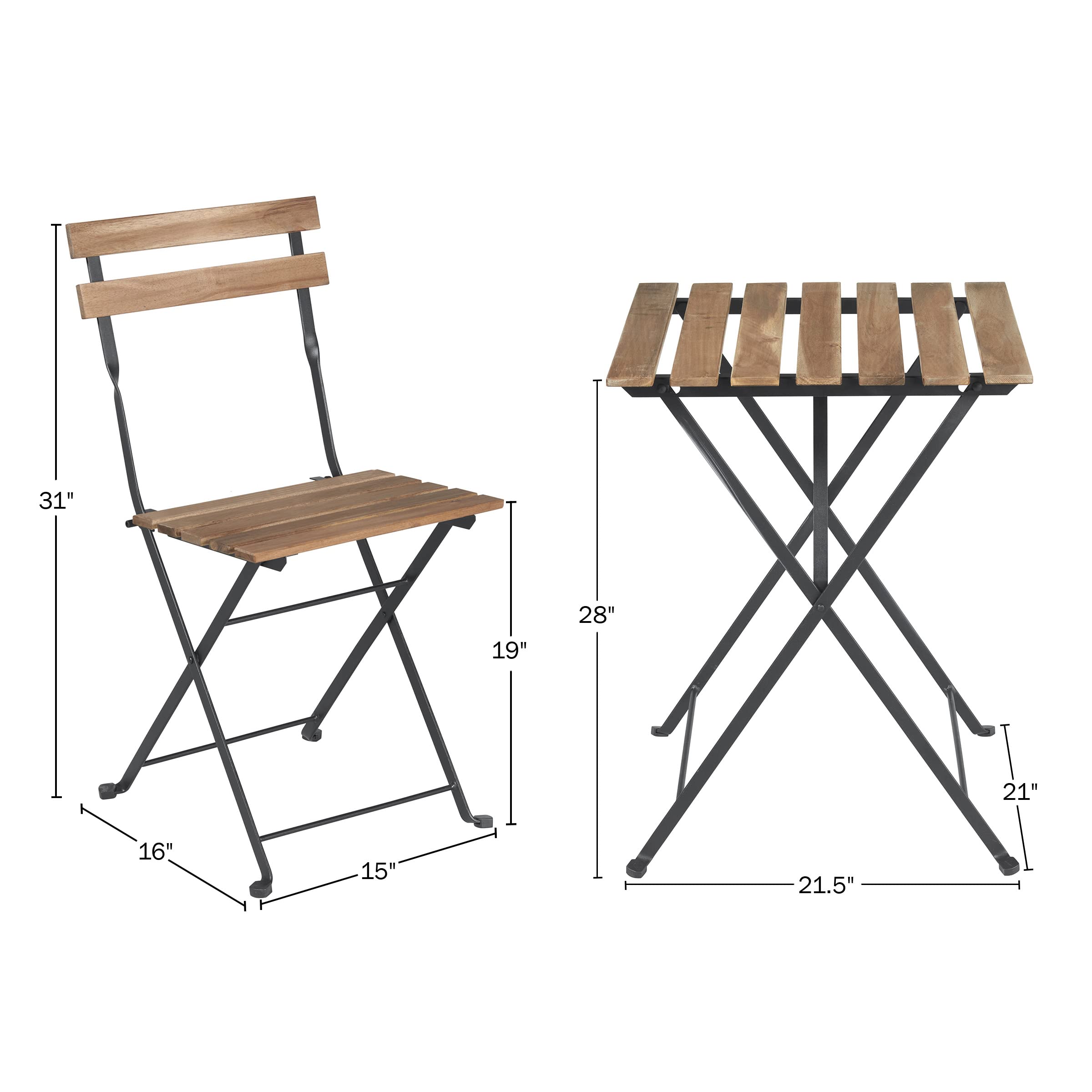 Premium 3-Piece Acacia Wood & Steel Folding Bistro Set - Outdoor Patio Furniture for Porch, Deck, Garden, Balcony & Small Space Dining - Weather-Resistant Café Table & Chairs by Lavish Home (Brown) - Perfect for Morning Coffee, Outdoor Entertaining & Compact Living Areas
