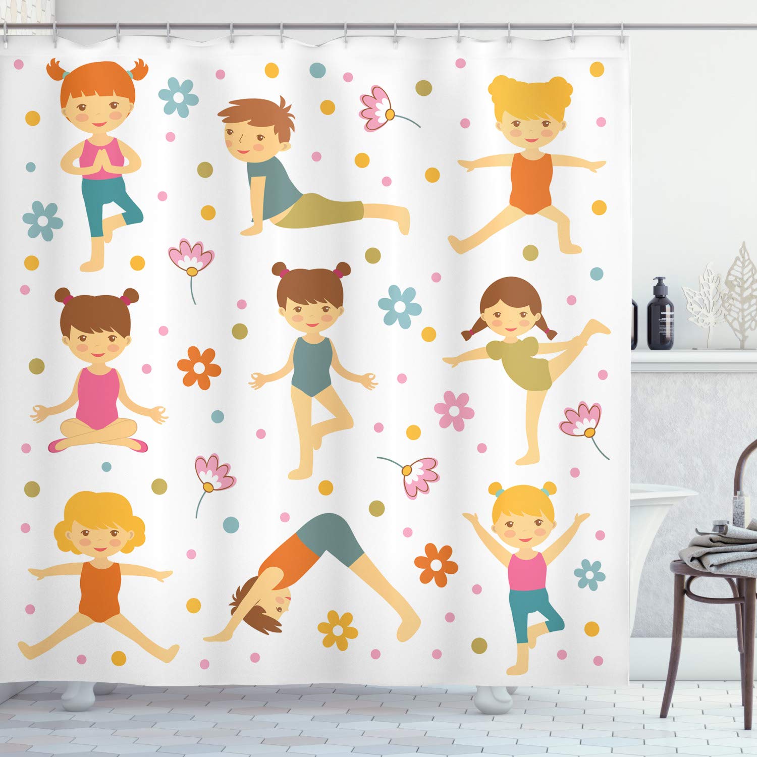 Ambesonne Cartoon Yoga Shower Curtain - Colorful Daisies Active Stretching Sports Design, 69x70 Inch Fabric Bathroom Decor with Hooks, Multicolor | Perfect for Yoga Lovers' Bathrooms & Gym Showers