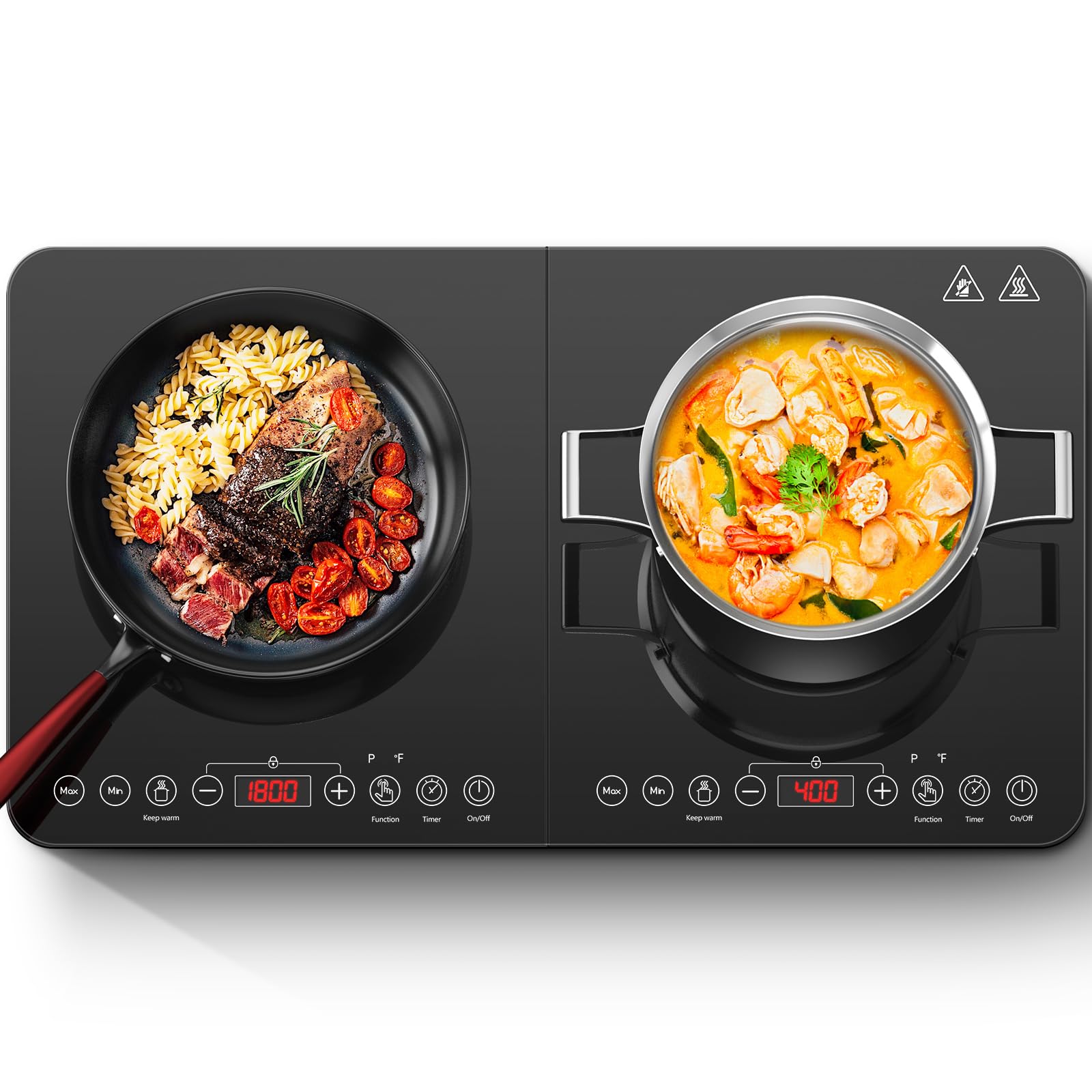 Aobosi Double Induction Cooktop with Black Glass Panel, Independent Controls, 20 Temperature Settings & 18 Power Levels [Upgraded], 4-Hour Timer, 2800W, Safety Lock – Perfect for Home Kitchen, Restaurant & Outdoor Cooking