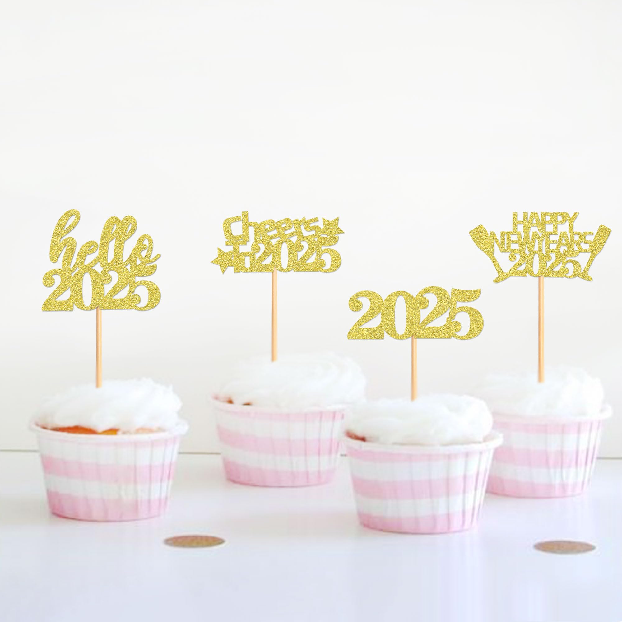 40 Pcs Gold Glitter New Year Cupcake Toppers 2025 - Cheers to 2025 Cake Picks for New Year's Eve Party Decorations - Perfect for Birthday, Wedding & Holiday Celebrations