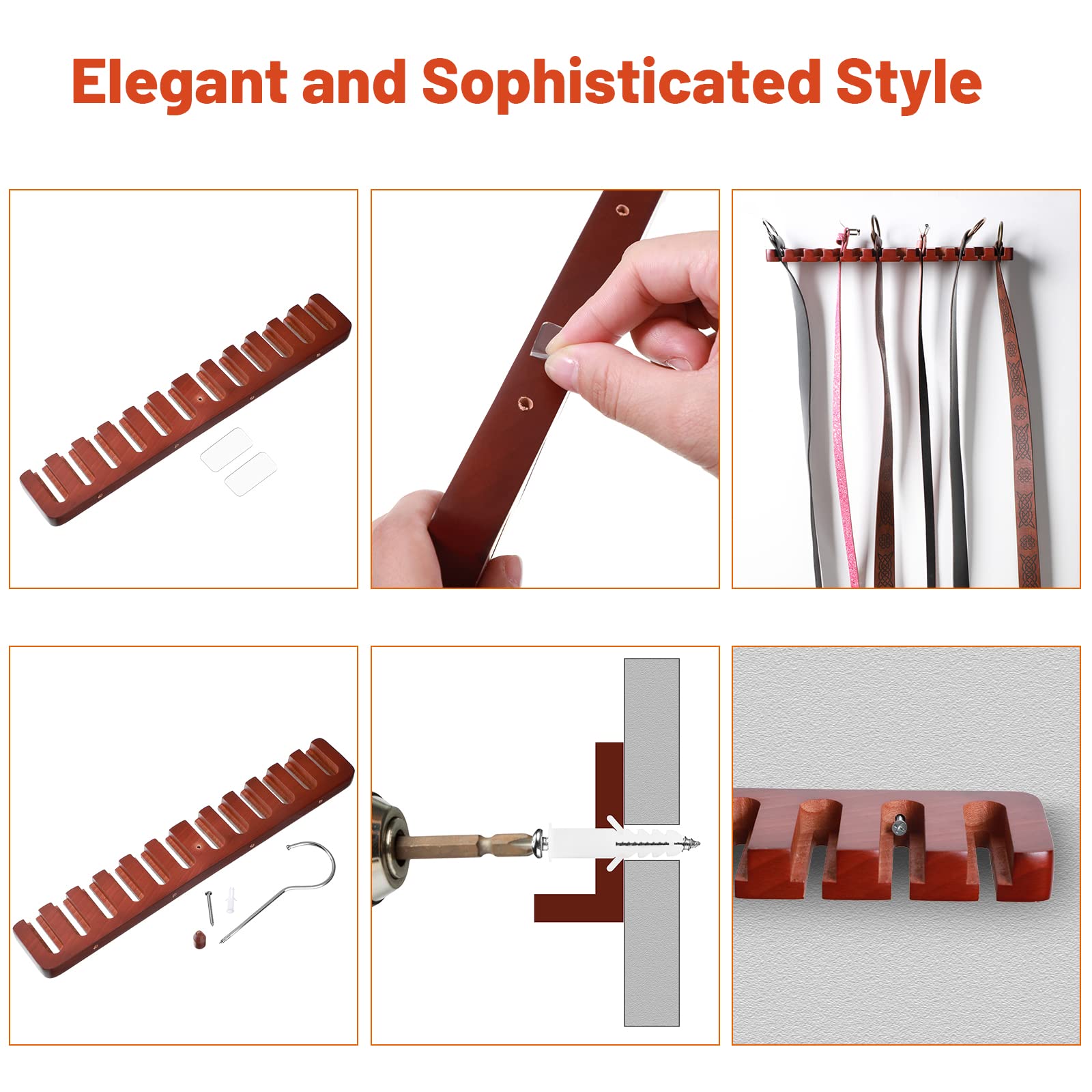 Jetec 2-Pack Wooden Belt Organizer Hanger - 12 Slot Wall Mount Belt Rack with Pre-Punched Holes & Acrylic Adhesives - Space Saving Closet Storage for Men & Women (Brown) - Perfect for Bedroom, Walk-in Closet or Dorm Organization
