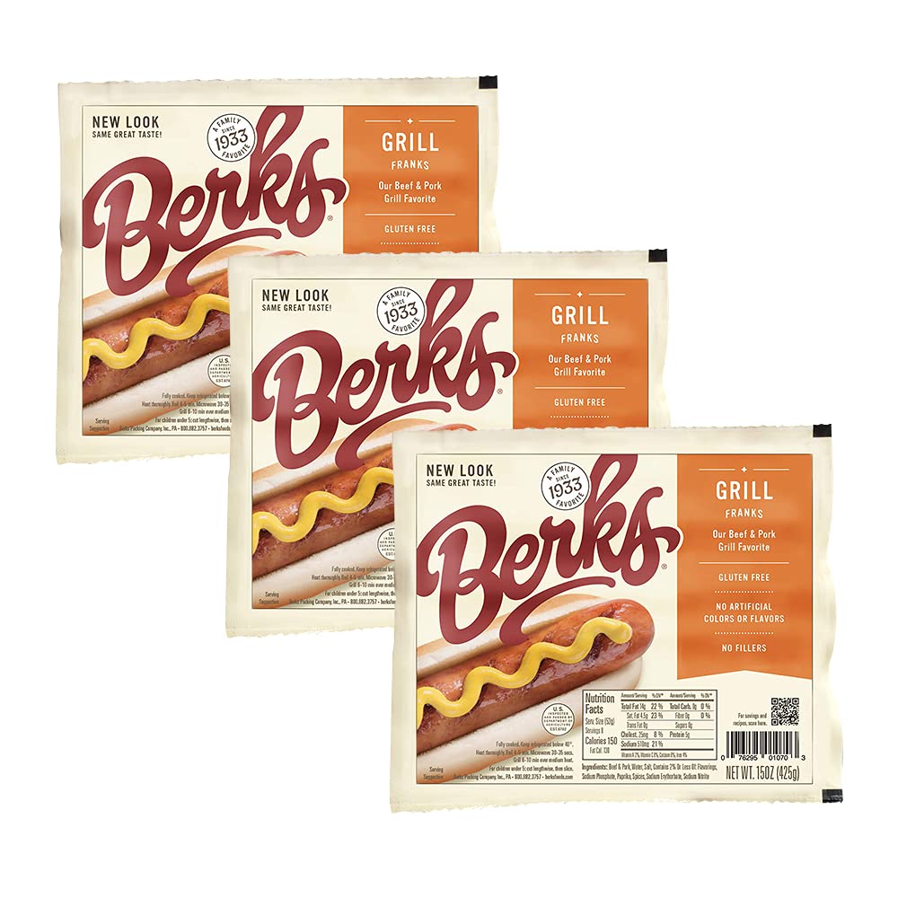 Berks Beef and Pork Grill Hot Dogs - Gluten Free, 24 Count (8 per Pack, Pack of 3) - Perfect for BBQs, Camping, and Family Gatherings