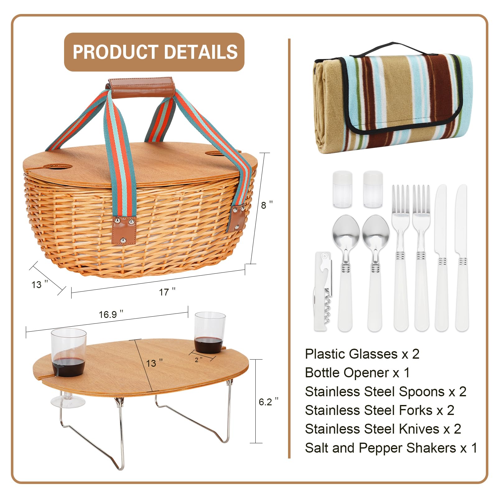 Premium Wicker Picnic Basket for 2 with Insulated Cooler, Blanket & Cutlery Set - Romantic Outdoor Dining Essentials for Couples | Perfect for Beach, Park or Garden Dates - Ideal Christmas Gift