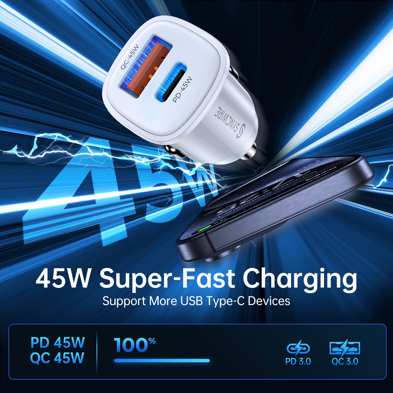 Syncwire 45W USB C Car Charger with PD & QC Fast Charging - Coiled Type C Cable Included - Compatible with iPhone 15 Pro Max, Samsung Galaxy S23/S22, Google Pixel 7 - Perfect for Road Trips & Daily Commutes