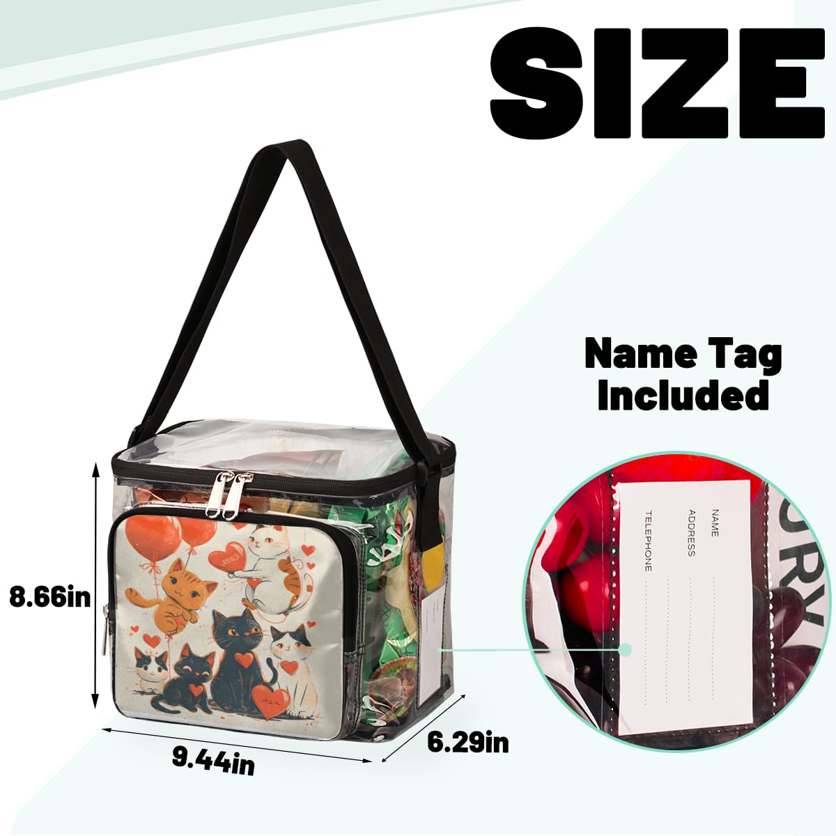 GzLeyigou Valentine's Day Cat Clear Tote Bag with Handles - Transparent Crossbody Shoulder Bag for Lunch, Outdoor, Travel, Picnic, Concerts & Sports Events - Stadium Approved Multi-Purpose Cat-Themed Purse | Perfect for Date Nights, School, Shopping & Festival Accessories