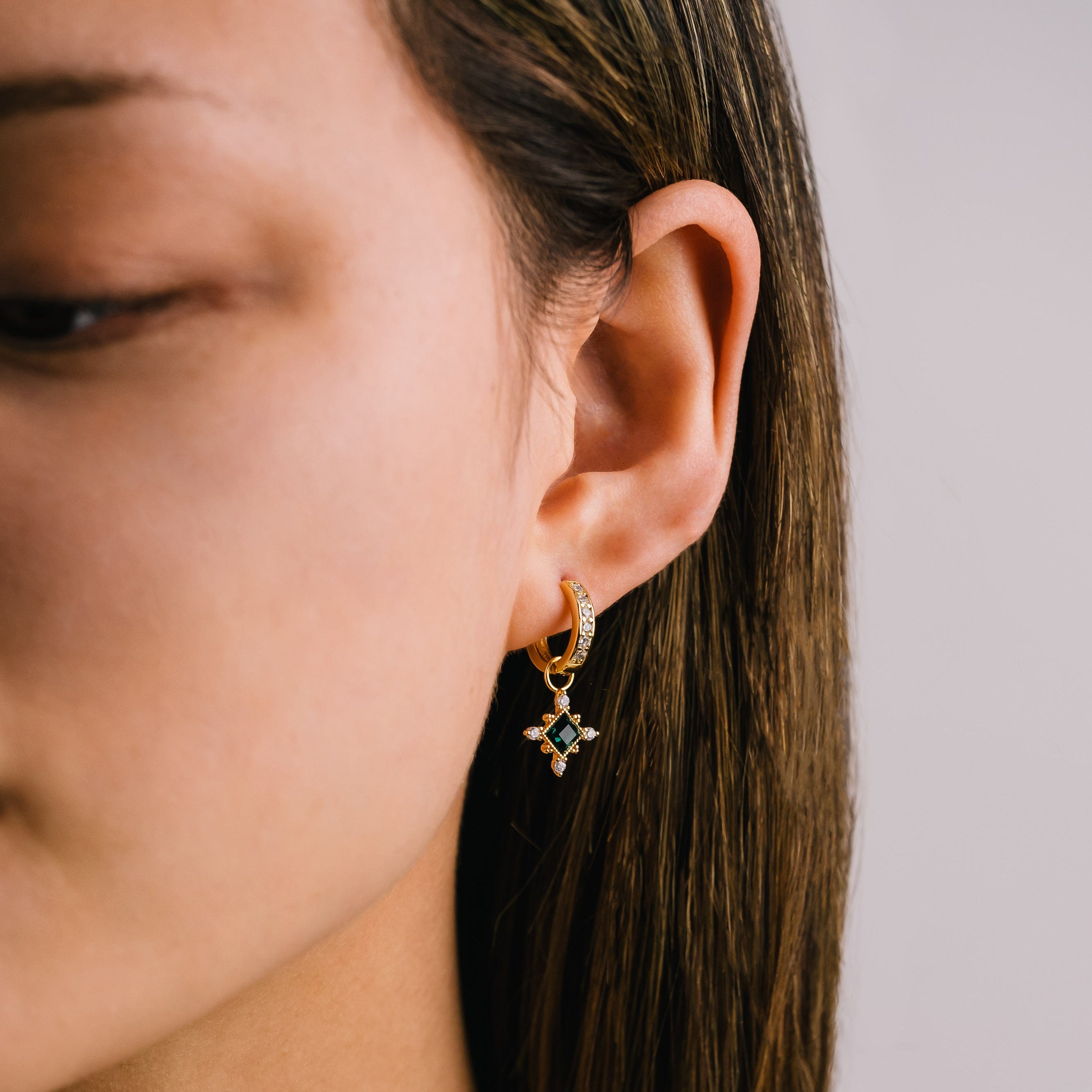 Sierra Emerald Charm Hoop Earrings - Sterling Silver Dangle Earrings for Women | Perfect for Parties, Weddings & Everyday Wear
