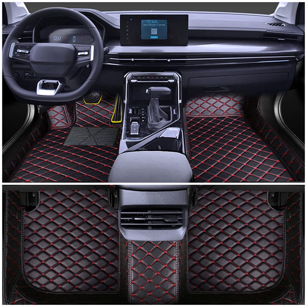Premium Leather Car Floor Mats for Ford Ranger 2011-2019 - Cross Bridge Design with Cup Holder - Full Coverage Front & Rear Set (Black & Red) - All-Weather Protection & Easy Cleaning for Trucks, SUVs, and Off-Road Vehicles