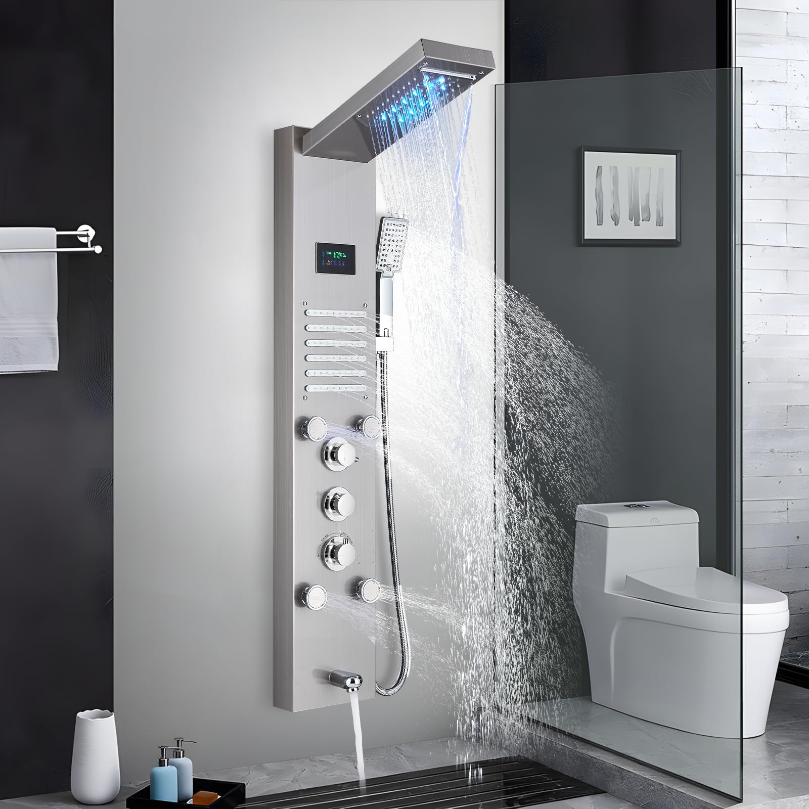 NeierThodore LED Rainfall Shower Panel - Multi-Function Shower Tower System with Massage Jets, Handheld Sprayer & Temperature Display in Brushed Nickel - Perfect for Spa-Like Bathroom Upgrades and Luxury Home Renovations