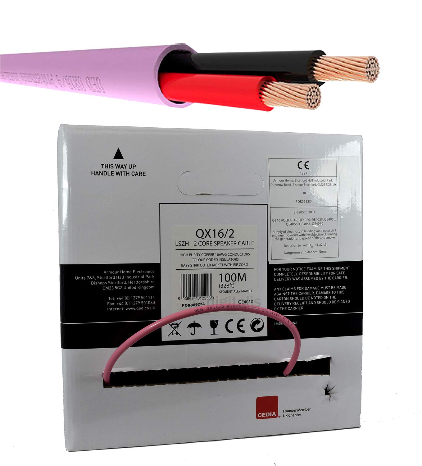 100m QED QE16/2 Pink LSZH Speaker Cable - Pure Copper Wire for Wall/Ceiling Installation | Home Theater & Commercial Audio Systems | Low Smoke Zero Halogen Safe Wiring Solution (16/2 100m Reel)