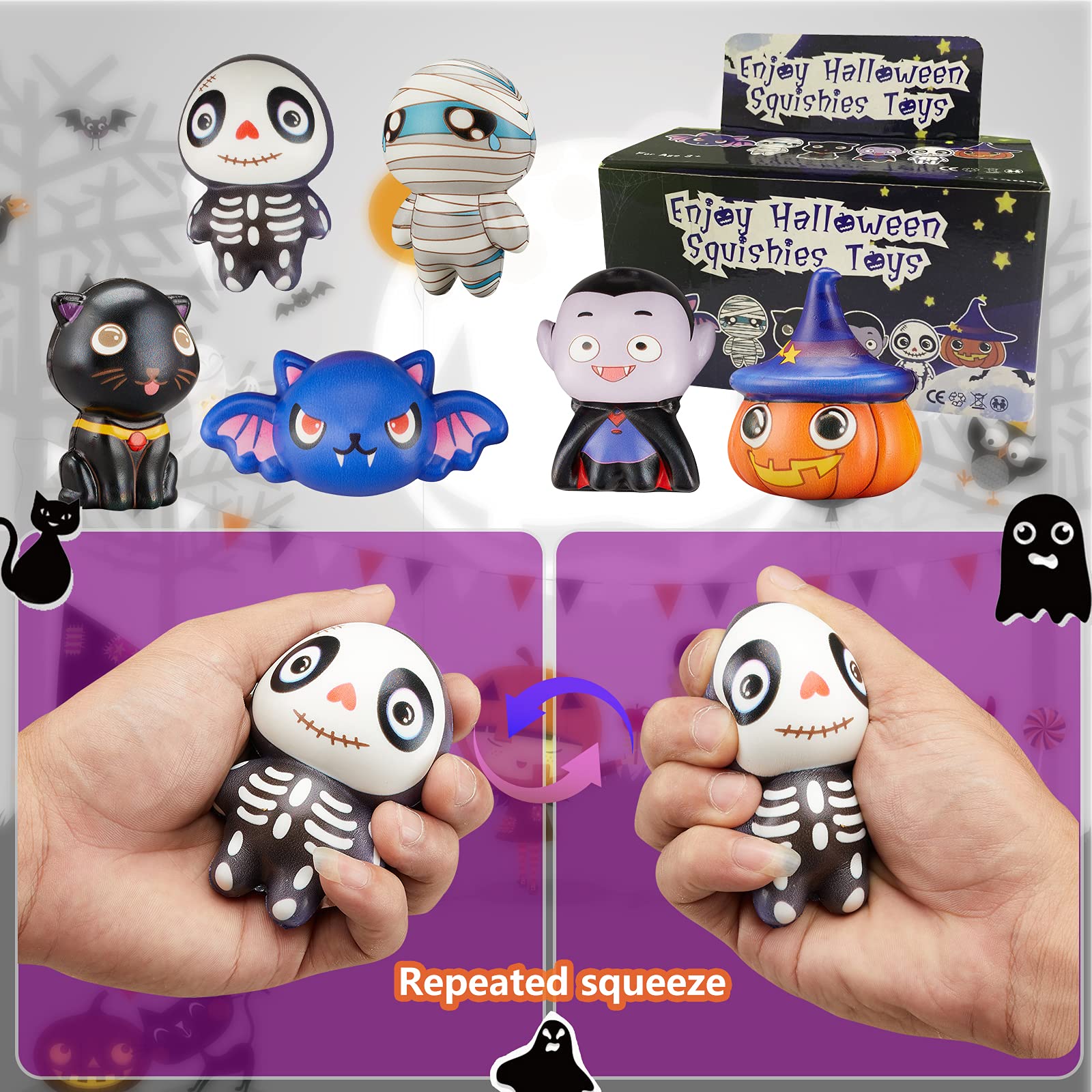 Halloween Squishy Toys 6 Pack - Pumpkin, Vampire, Cat for Kids Party Favors | Stress Relief & Fun Gifts