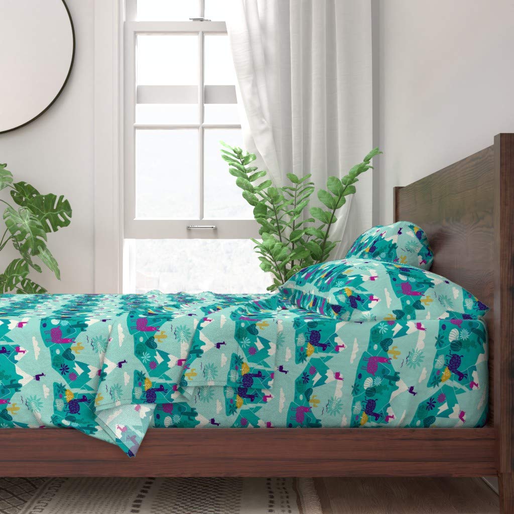 100% Cotton Queen 4-Piece Bed Sheet Set with Llama & Mountain Print - Gender Neutral Custom Bedding for Kids & Adults | Perfect for Nursery, Guest Room & Cozy Home Decor