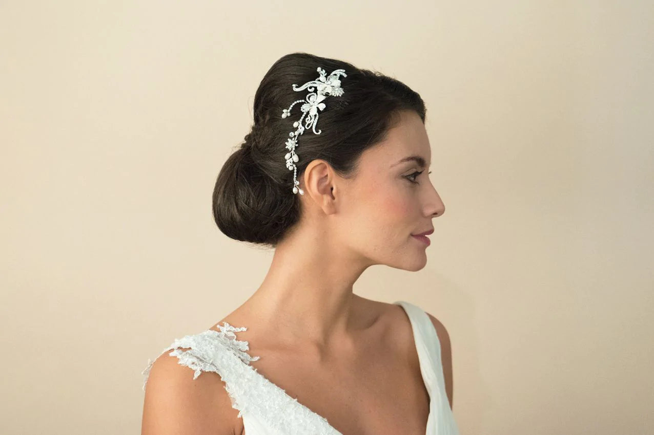 Ivory & Co Silver Crystal Hair Comb with Pearl Scroll Design - Elegant Bridal & Wedding Hair Accessory for Women